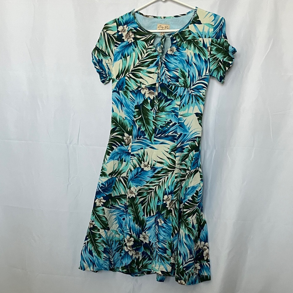 Lindy Bop Blue and Green Tropical Midi Dress. LIKE NEW size small